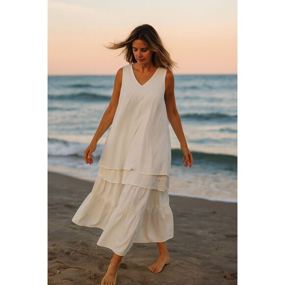 Boho Cream White Sleeveless Maxi Dress Size Large - Picture 1 of 7